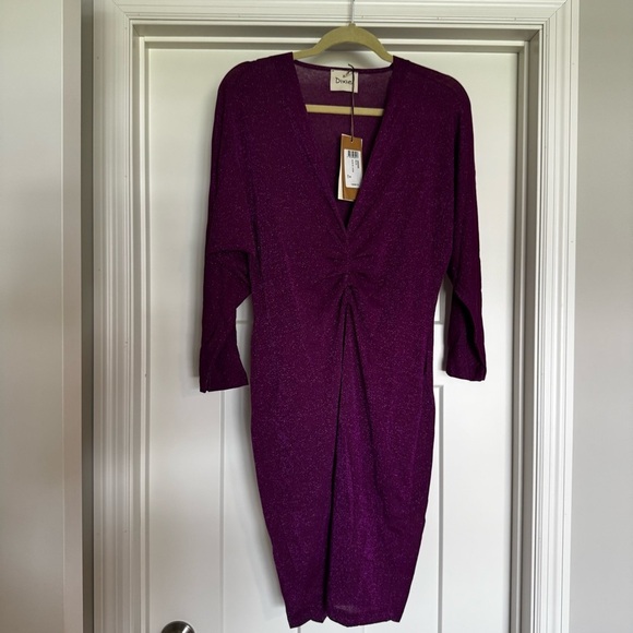 dixie Dresses & Skirts - Dixie Malva gathered v neck purple metallic dress size M new with tags